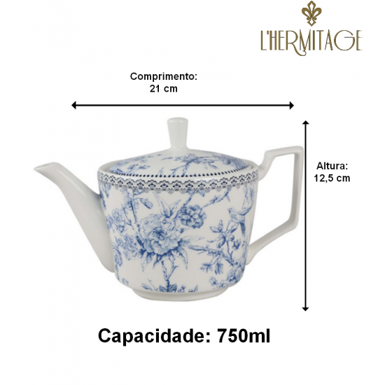 Bule 750ml De Chá Hortênsia Em New Bone China Azul